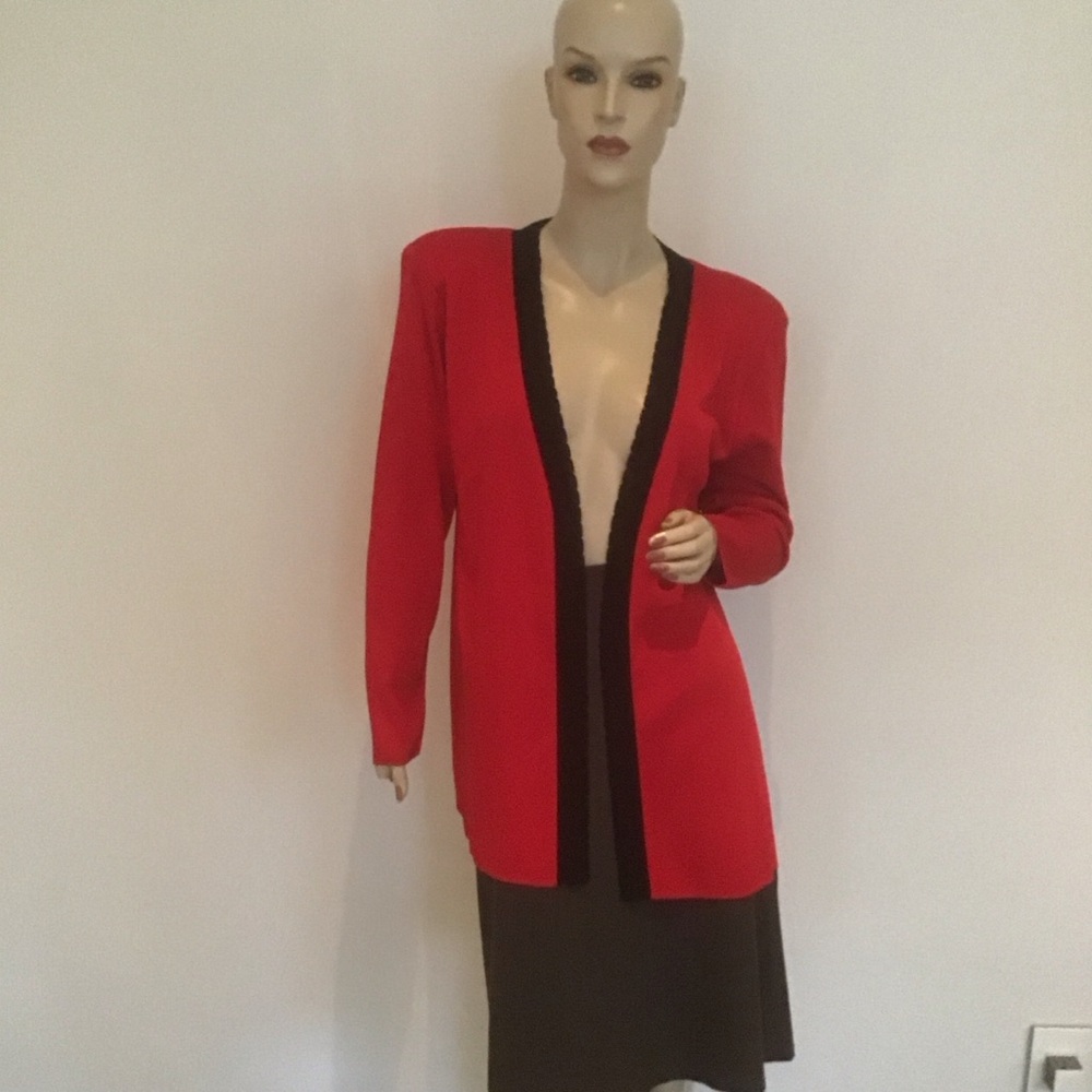 Misook Petite Red‎ Black Knit Open Front Collar Cardigan Sweater Jacket S PS